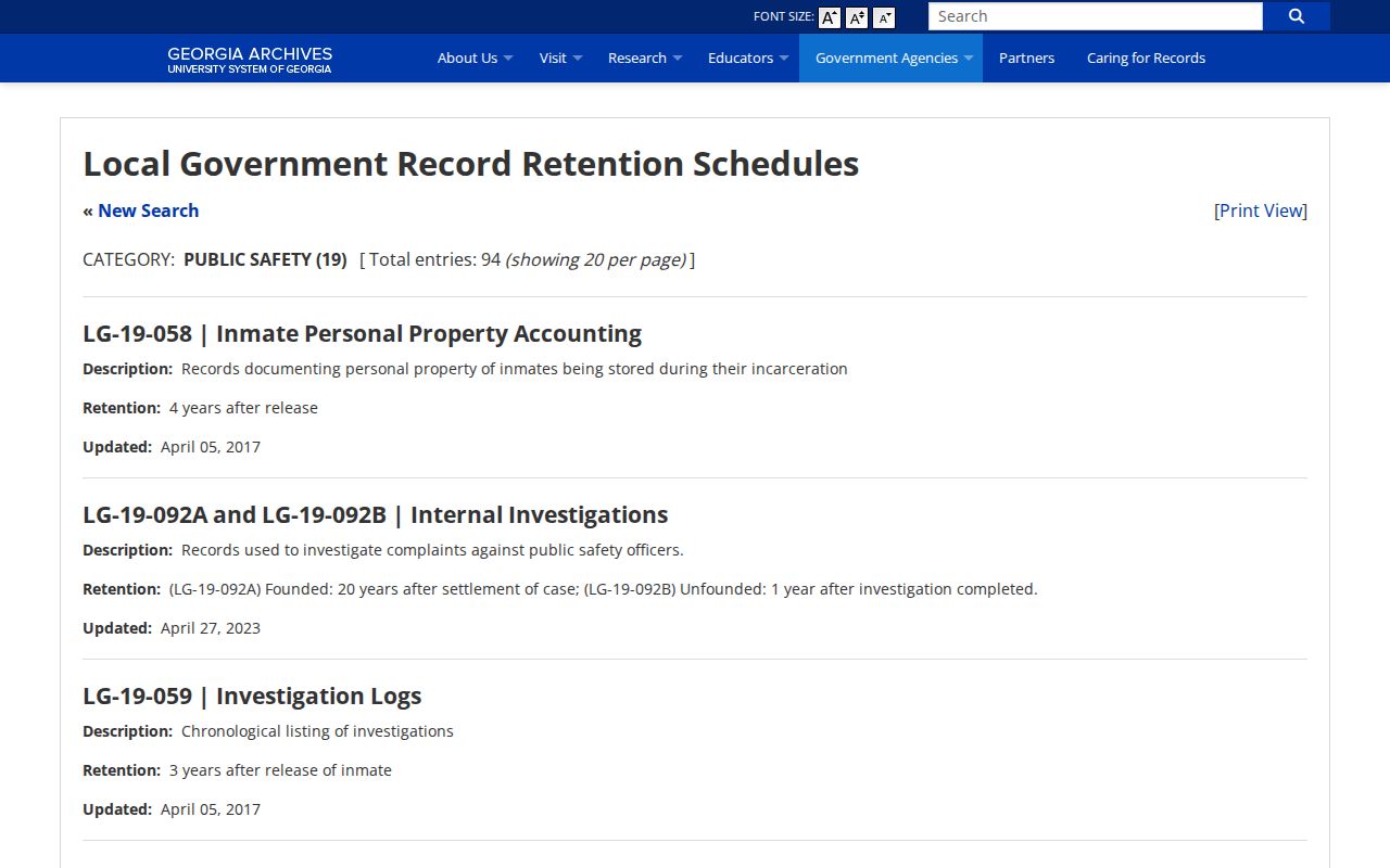 Georgia Archives local government retention schedule for Bulloch County jail records