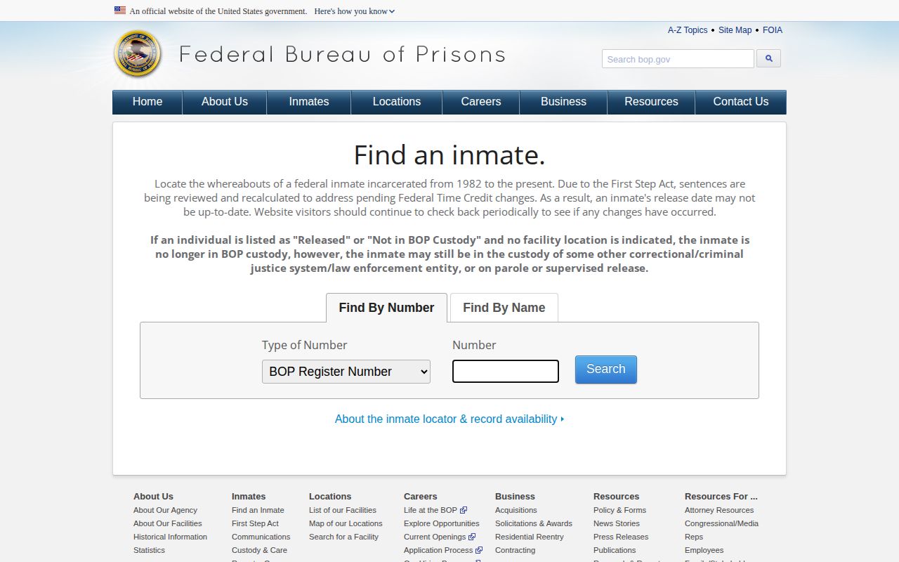 Bulloch County federal custody fallback in the Federal Bureau of Prisons inmate locator