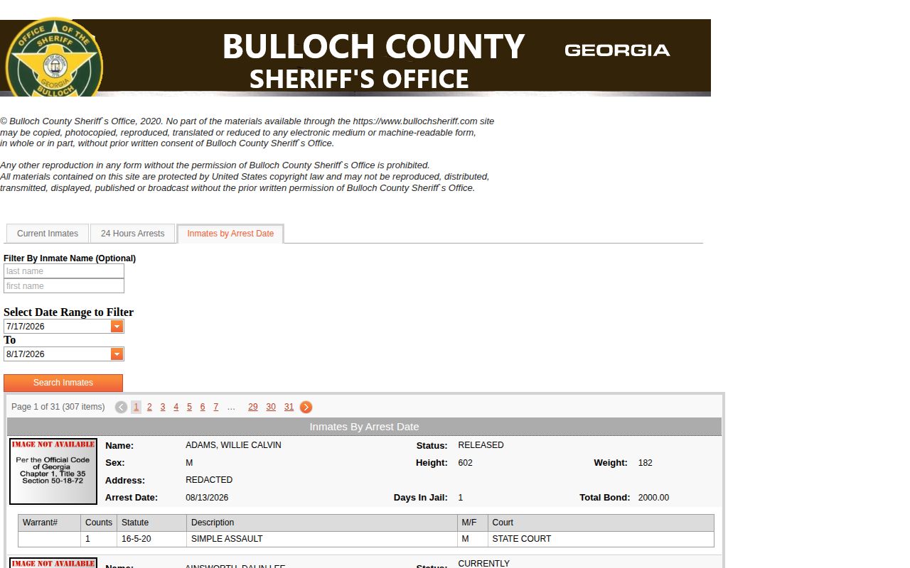 Bulloch County arrest date range search for booking records