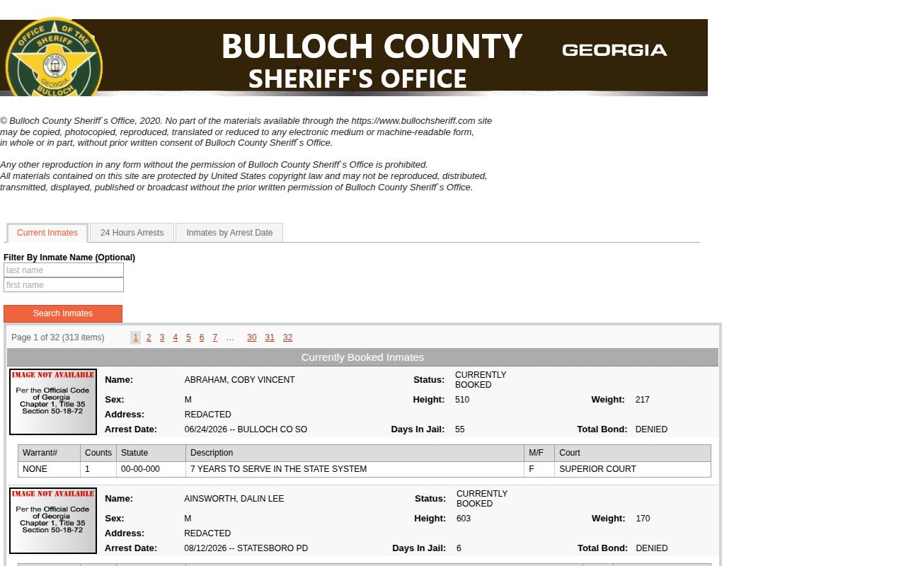 Bulloch County Jail current custody roster search and booking records