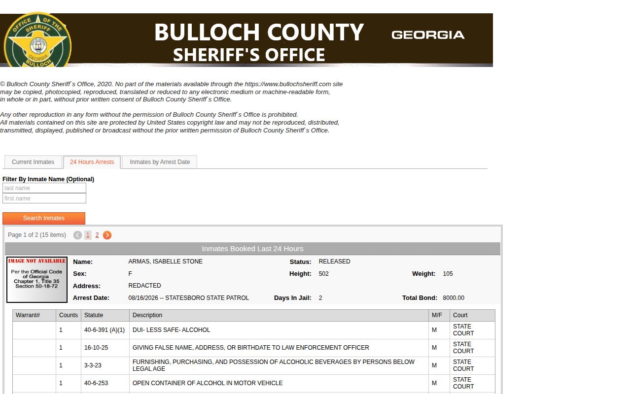 Bulloch County last 24 hours booking feed with current and released statuses